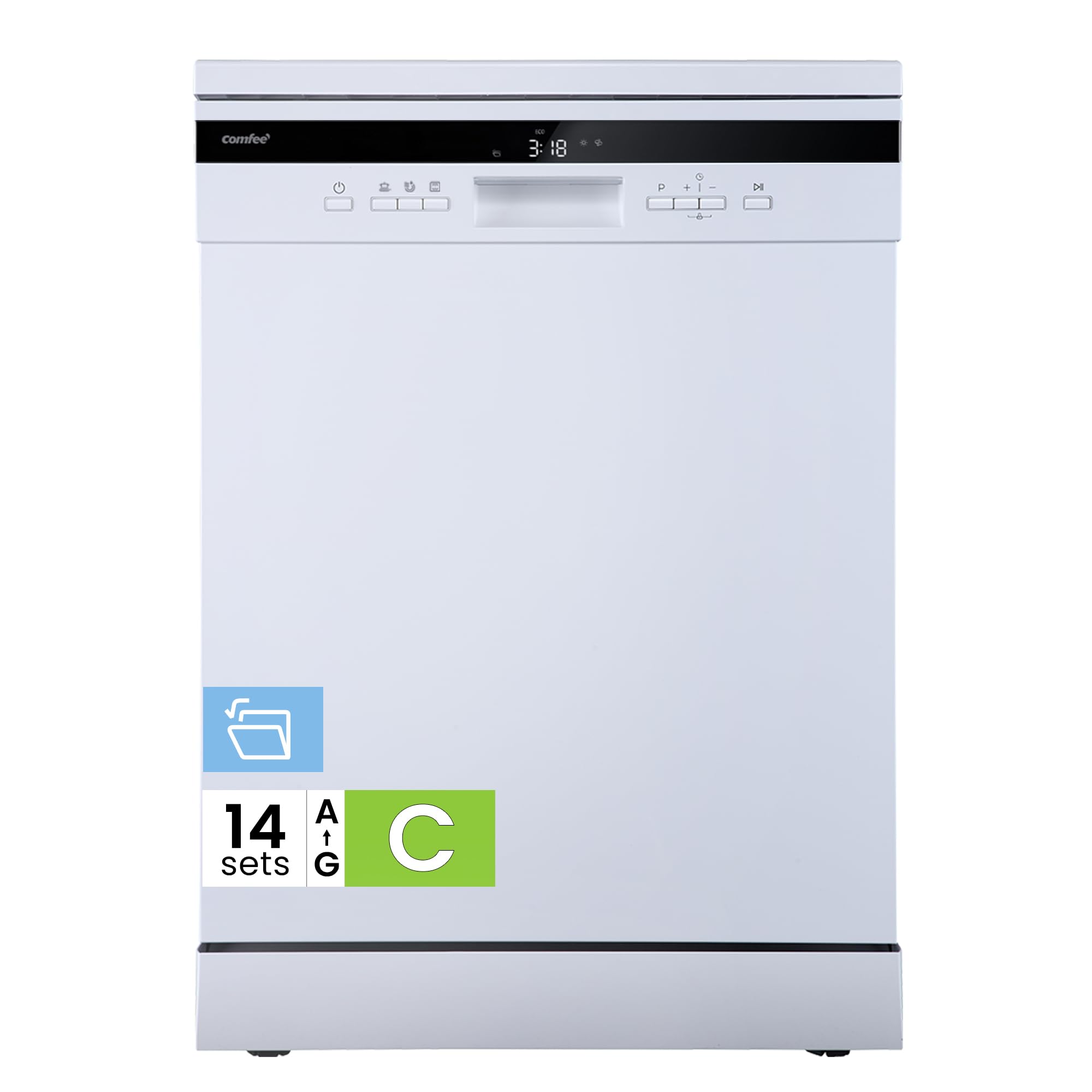 COMFEE' Freestanding Dishwasher with 14 Place Settings, 44dB Quiet Full Size Dishwashers, CDWEF1435EWC-UK, ECO Wash