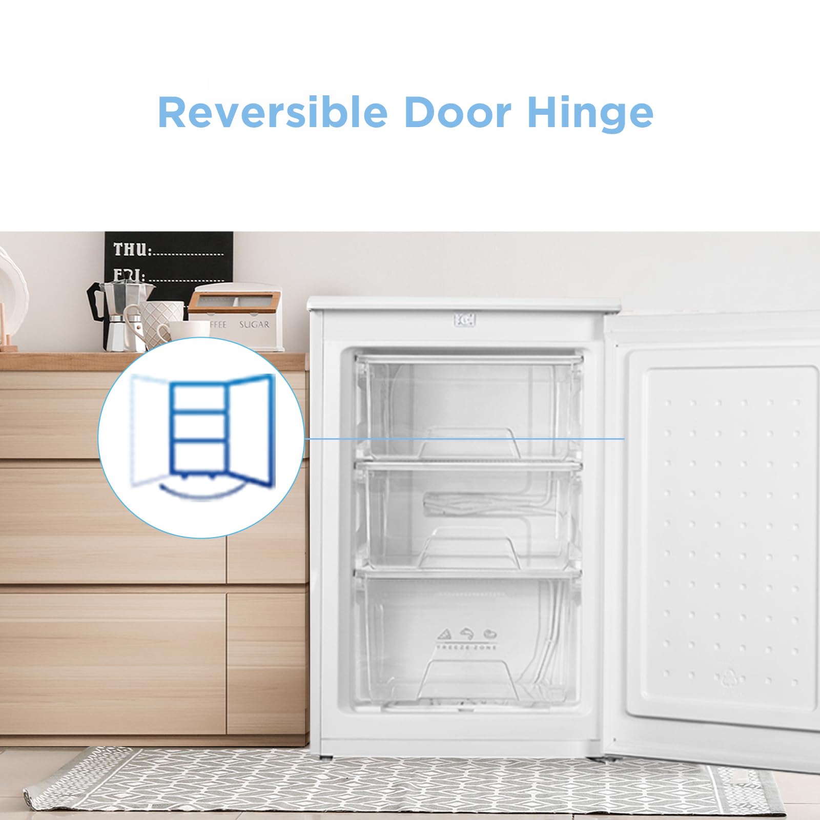 COMFEE' RCU83WH2(E) Freestanding Under Counter Freezer 88 Litre Capacity, 55cm wide, Reversible Door, 3 Drawers, 4 Star Freezer Rating