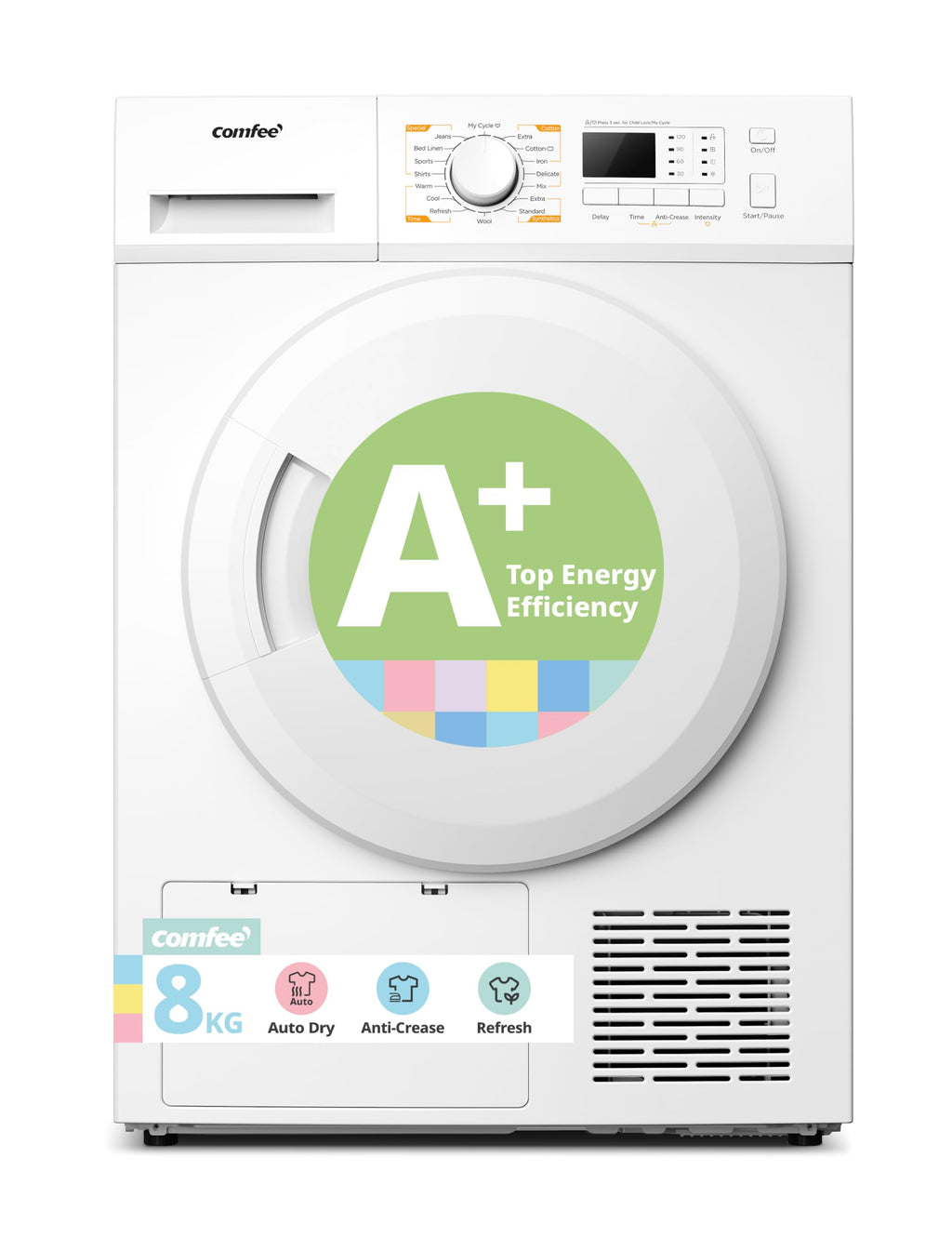 COMFEE' Freestanding Heat Pump Tumble Dryer,8kg Front Load, A+ Class, 16 Programmes, Auto-Dry,Anti-Crease,Refresh,White,CFG09EH80/W-UK