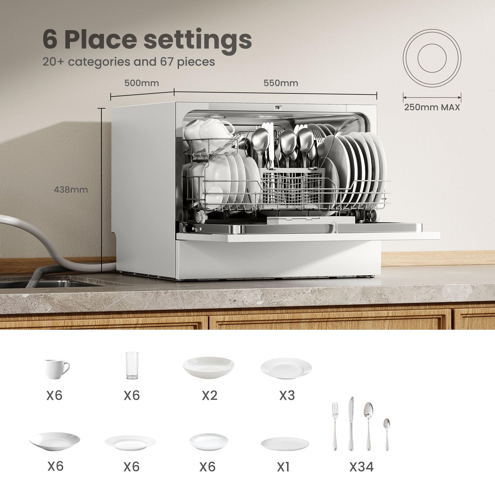 COMFEE' 2026 New Upgraded Table Top Dishwasher with 6 Place Settings, Mini Countertop Dishwasher for Small Families, Couples, Auto Open Dry