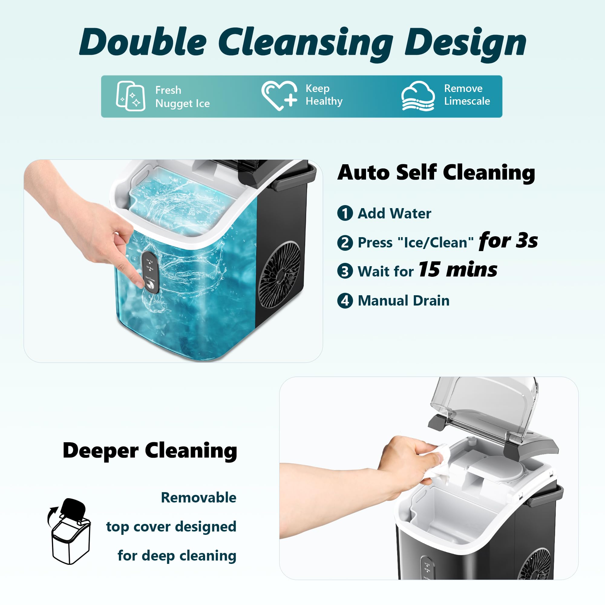 EUHOMY Nugget Ice Maker, Chewable Pellet Ice Machine with Self-Cleaning and Handle, Ready in 6 Mins, 15.5kg/24H, Removable Top Cover