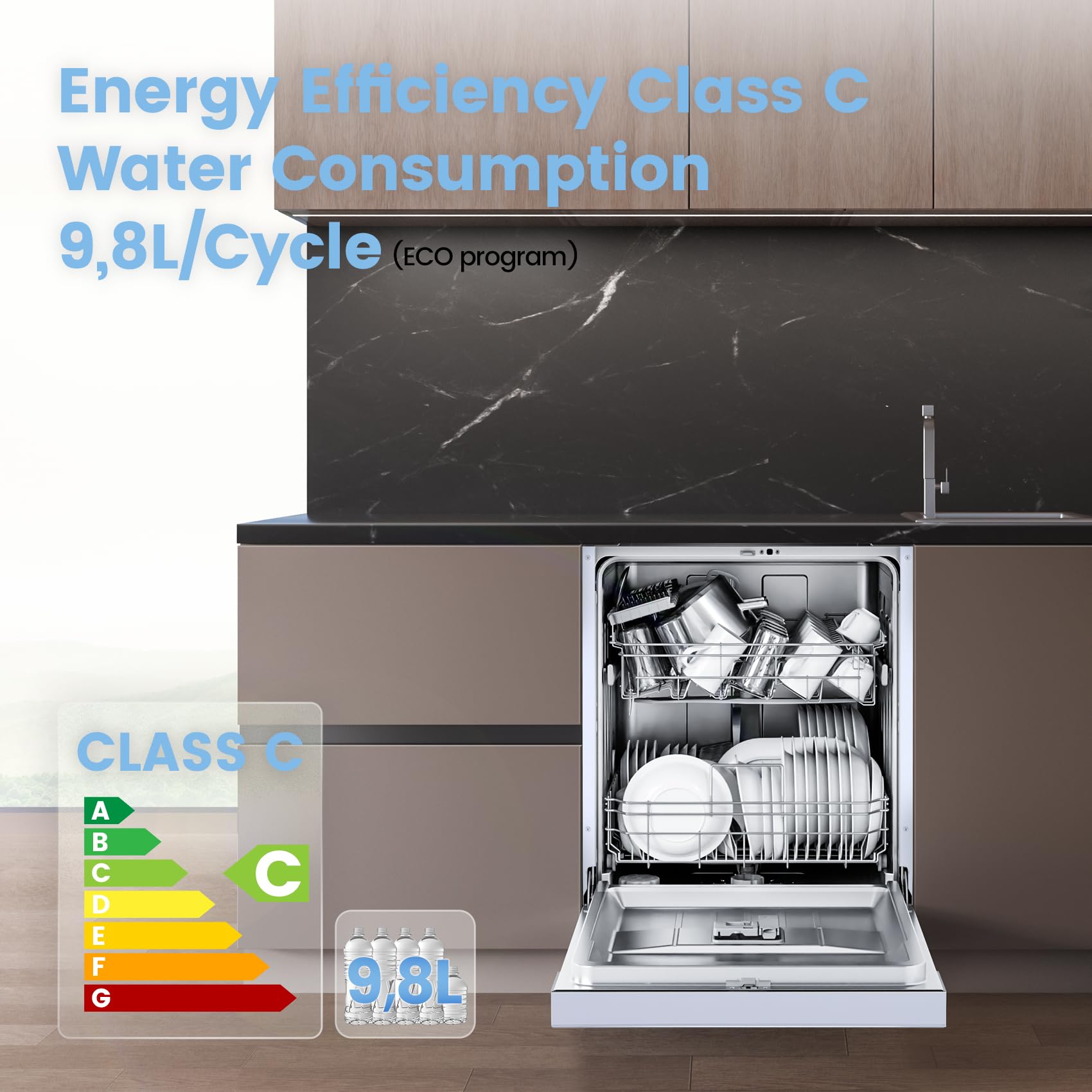 COMFEE' Freestanding Dishwasher with 14 Place Settings, 44dB Quiet Full Size Dishwashers, CDWEF1435EWC-UK, ECO Wash
