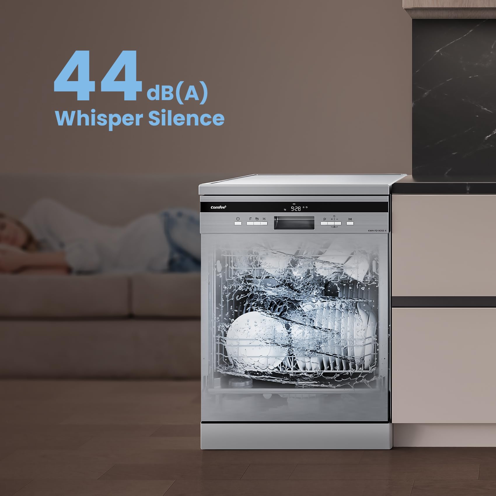 COMFEE' Freestanding Dishwasher FD1435E-X with 14 place settings, Full Size, Whisper Quiet 44dB, Wide LED Display
