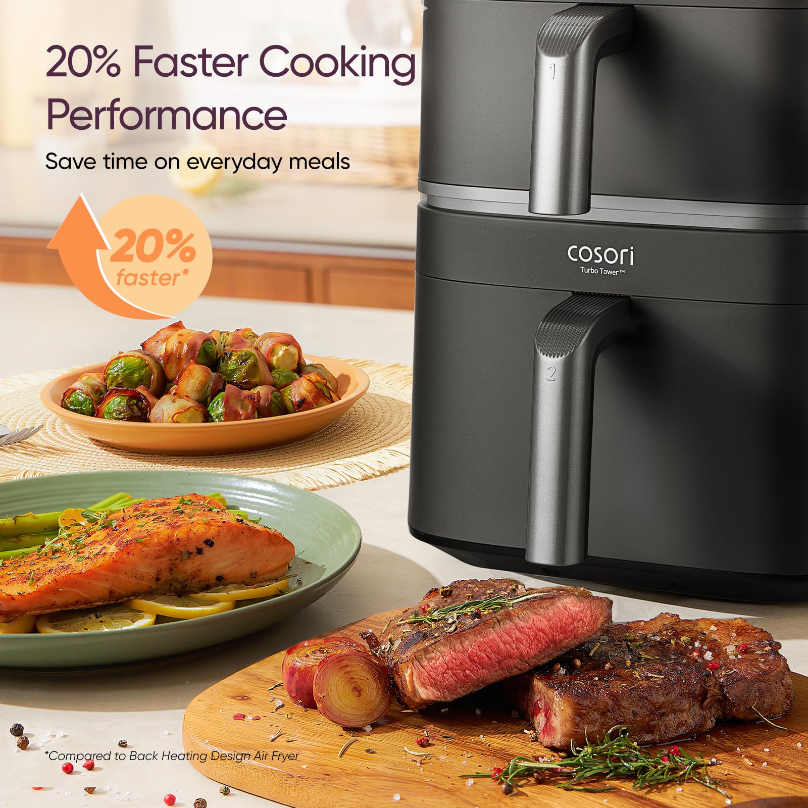 Cosori TurboTower Dual Air Fryer 10.8L, Space-Saving Double Stack Airfryer, Turbo Blaze Tech for Faster & Even Crisp Results