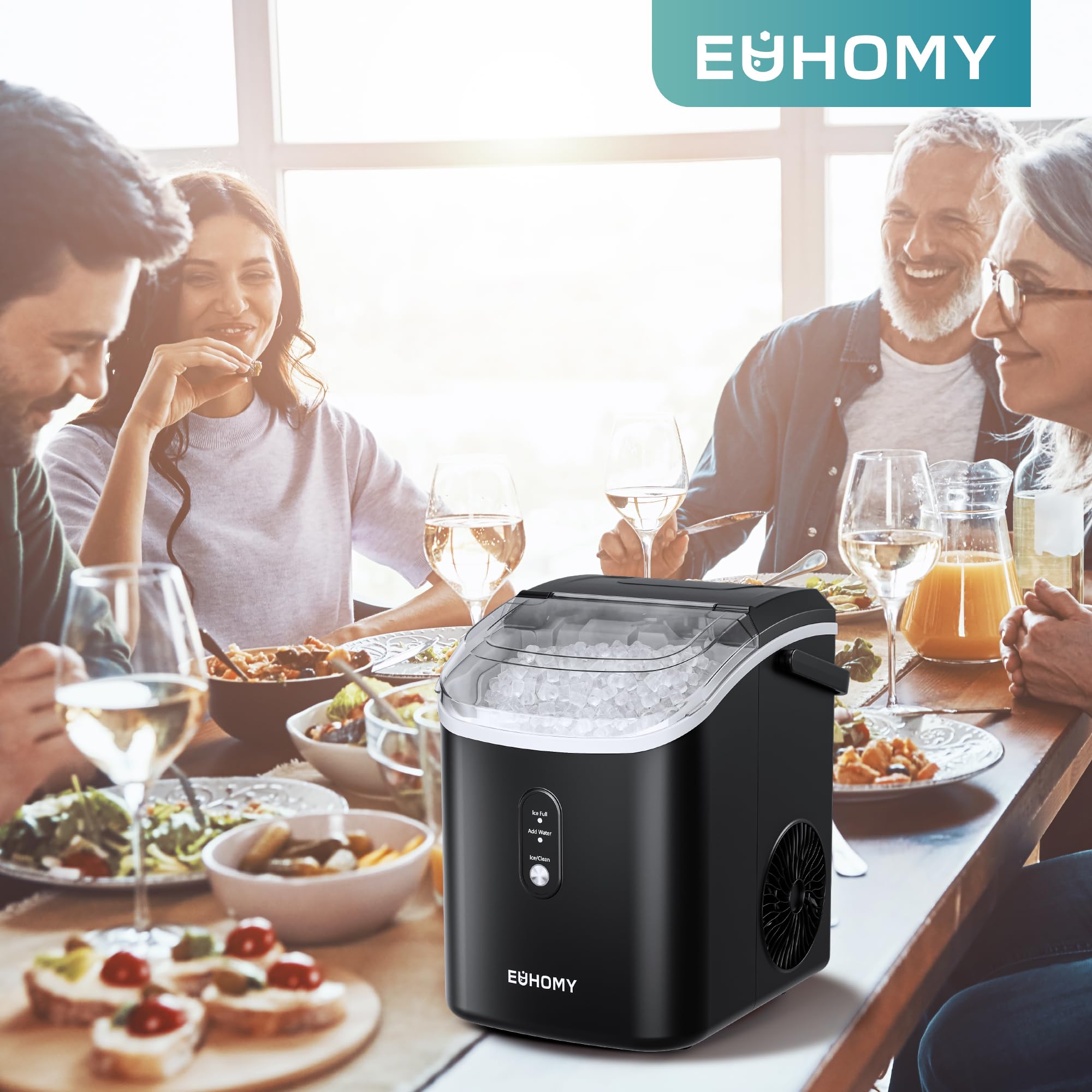 EUHOMY Nugget Ice Maker, Chewable Pellet Ice Machine with Self-Cleaning and Handle, Ready in 6 Mins, 15.5kg/24H, Removable Top Cover