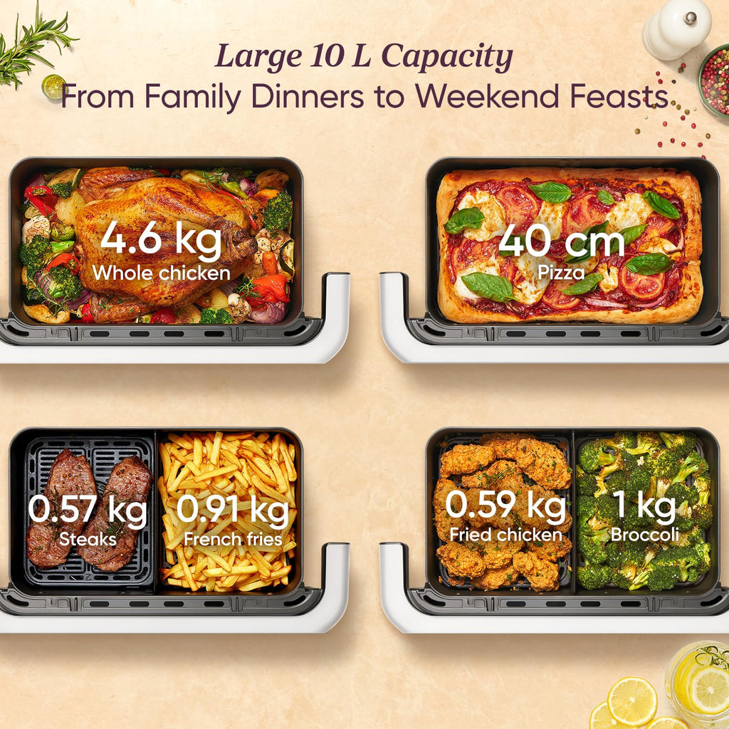 Cosori Dual Air Fryer, 10L Flexible Capacity, Dual Blaze Heating for Fast and Even Results, Single & Double Zone